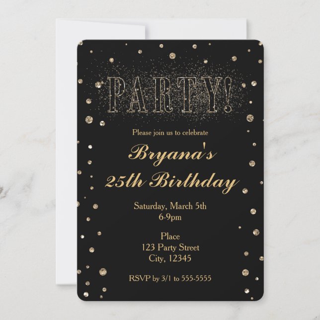 Glitzer-Party Einladungen für Black & Gold Imitate (Vorderseite)