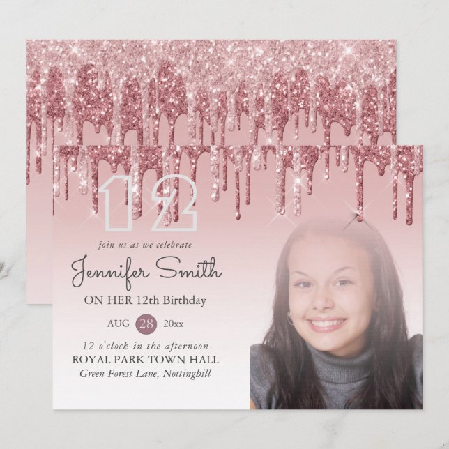 GLITZER PARTY Rose Gold PINK JEDES ALTER FOTO Girl Einladung (Vorne/Hinten)