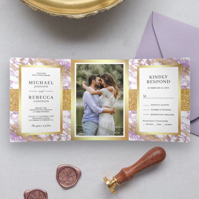 Glitzer Pastel Lavendel Marble Foto Hochzeit Dreifach Gefaltete Einladung (Von Creator hochgeladen)