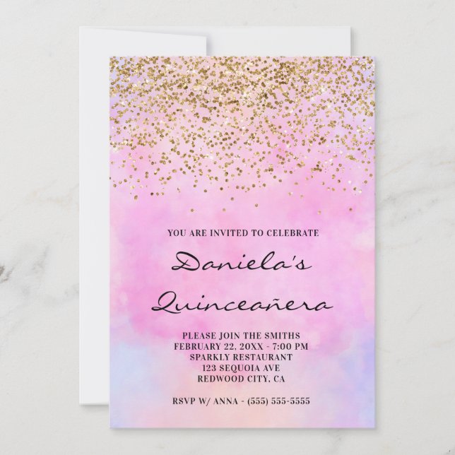 Glitzer Pastell Pink Aquarellfarben Quinceñera Einladung (Vorderseite)
