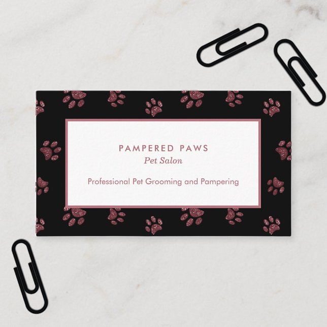 Glitzer Paw Prints Rose Gold Pink Black Pet Salon Visitenkarte (Glitter Paw Prints Rose Gold Pink Black Pet Salon Business Card)