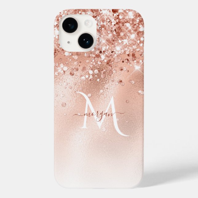 Glitzer Peach Rose Gold Monogramm Case-Mate iPhone 14 Hülle (Rückseite)