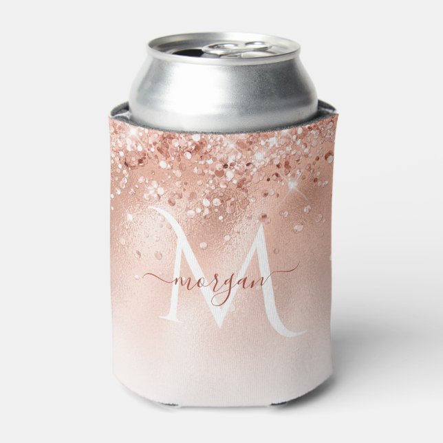 Glitzer Peach Rose Gold Monogramm Dosenkühler (Kanne Vorderseite)