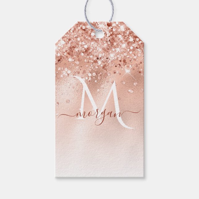 Glitzer Peach Rose Gold Monogramm Geschenkanhänger (Vorderseite)