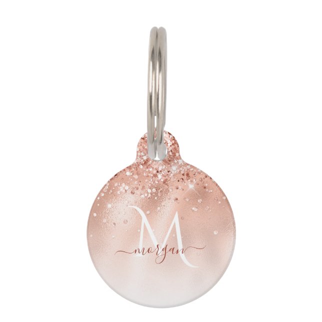 Glitzer Peach Rose Gold Monogramm Haustiermarke (Vorderseite)