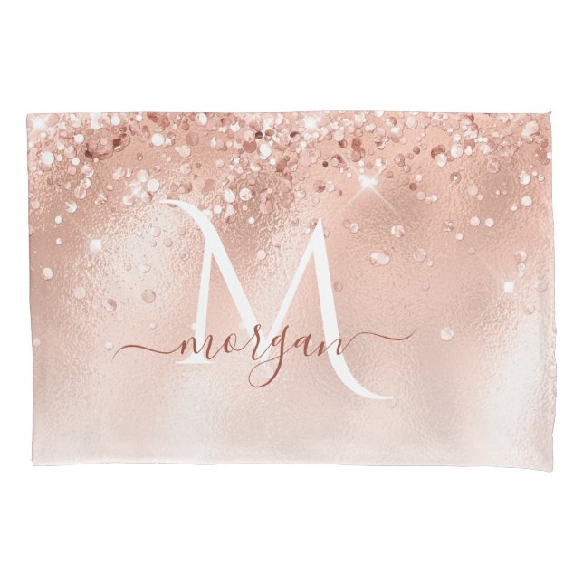 Glitzer Peach Rose Gold Monogramm Kissenbezug (Vorderseite)