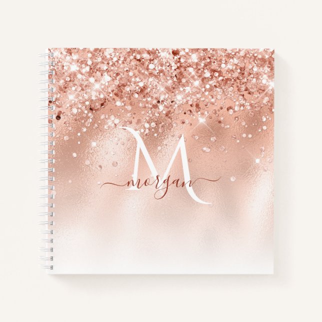 Glitzer Peach Rose Gold Monogramm Notizbuch (Vorderseite)