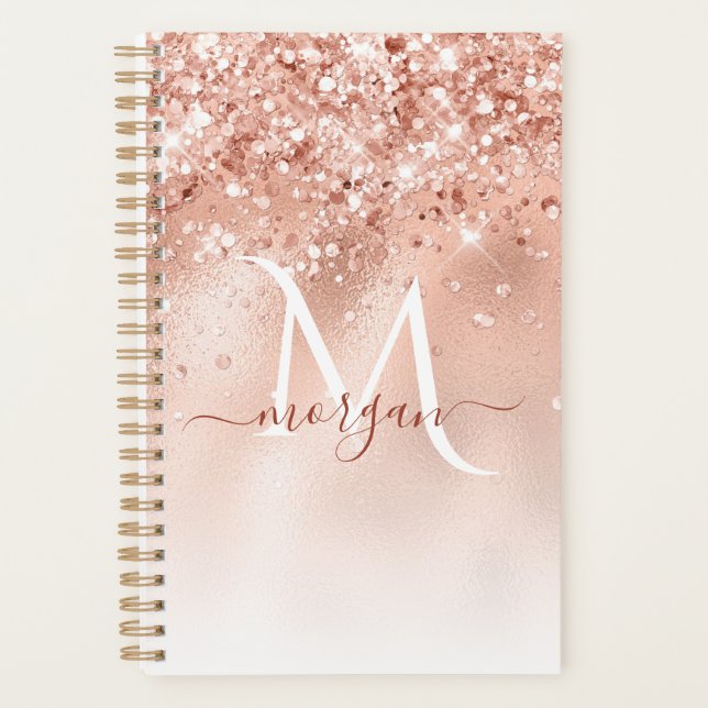 Glitzer Peach Rose Gold Monogramm Planer (Vorderseite)
