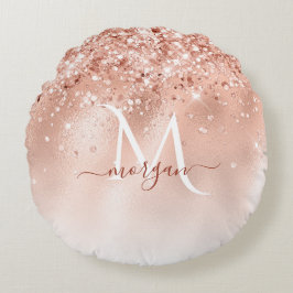 Glitzer Peach Rose Gold Monogramm Rundes Kissen