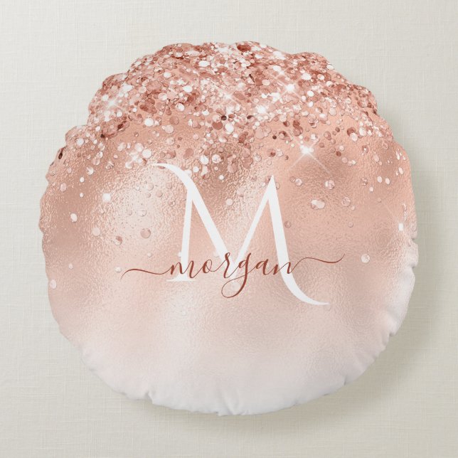 Glitzer Peach Rose Gold Monogramm Rundes Kissen (Vorderseite)