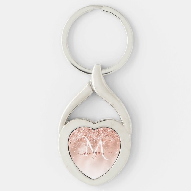Glitzer Peach Rose Gold Monogramm Schlüsselanhänger (Vorderseite)