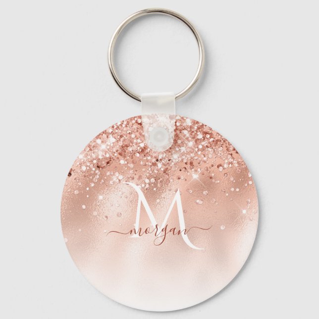 Glitzer Peach Rose Gold Monogramm Schlüsselanhänger (Vorderseite)