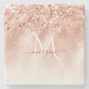 Glitzer Peach Rose Gold Monogramm Steinuntersetzer