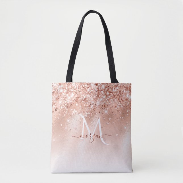 Glitzer Peach Rose Gold Monogramm Tasche (Vorderseite)