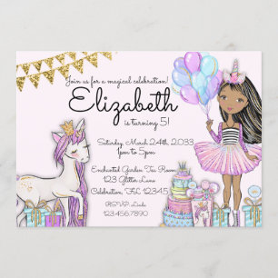 Glitzer Pink Birthday African American Unicorn Einladung