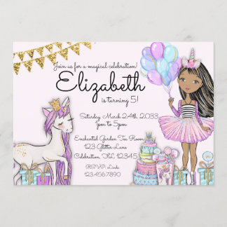 Glitzer Pink Birthday African American Unicorn Einladung