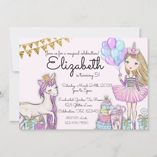 Glitzer Pink Birthday Blonde Girl Unicorn Einladung (Vorderseite)