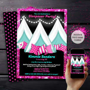 Glitzer Pink Blue Black Teepe Sleepover Geburtstag Einladung