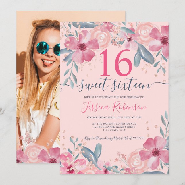 Glitzer Pink florale Aquarellschrift Sweet 16 Einladung (Vorne/Hinten)
