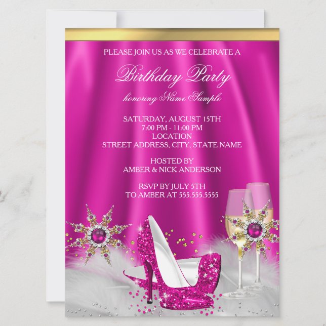 Glitzer Pink High Heels Gold Champagner Party Einladung (Vorderseite)