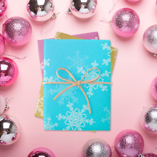 Glitzer Pink Icy Blue Golden Schneeflocken Weihnac Geschenkpapier Set