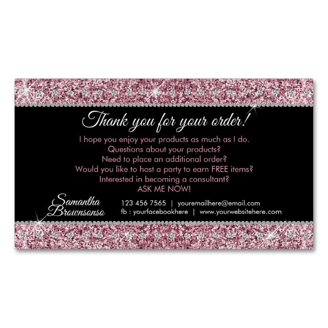 Glitzer Pink Jewelry Diamond Bling Vielen Dank Magnetische Visitenkarte (Vorderseite)