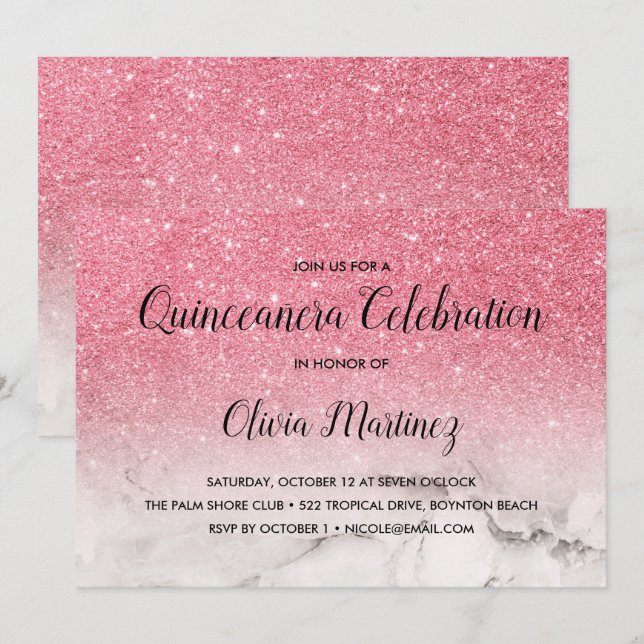 Glitzer Pink Ombre weißer Marmor Quinceañera Einladung (Vorne/Hinten)