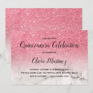 Glitzer Pink Ombre weißer Marmor Quinceañera Einladung