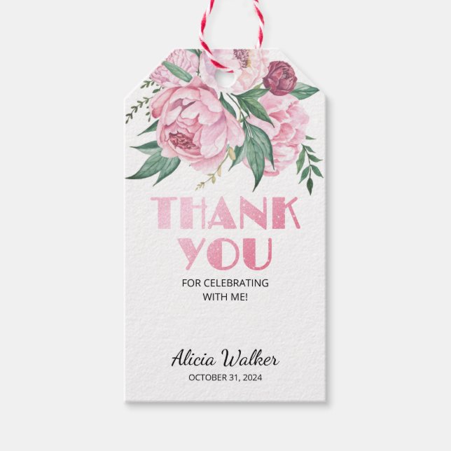 Glitzer Pink Peony Floral Greenery Geburtstag Geschenkanhänger (Vorderseite)