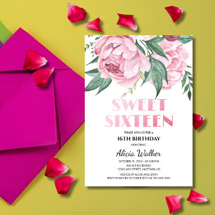 Glitzer Pink Peony Floral Sweet 16. Geburtstag Einladung
