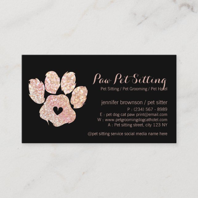 Glitzer Pink Pet Sitter Grooming Paw Visitenkarte (Vorderseite)