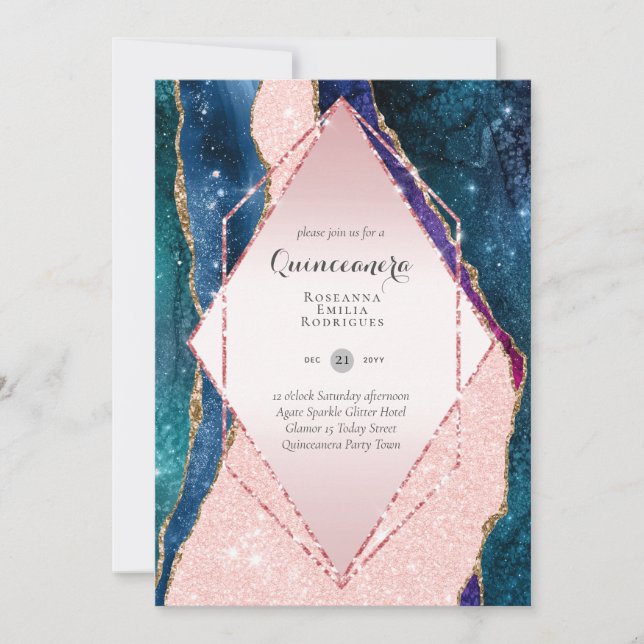 Glitzer Pink QUINCEANERA - AGATE Rose Gold Einladung (Vorderseite)