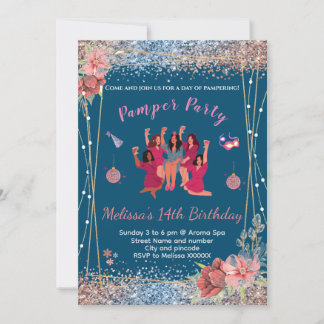 Glitzer Pink/schwarz Teenager Mädchen Pamper Party Einladung