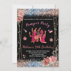 Glitzer Pink/schwarz Teenager Mädchen Pamper Party Einladung