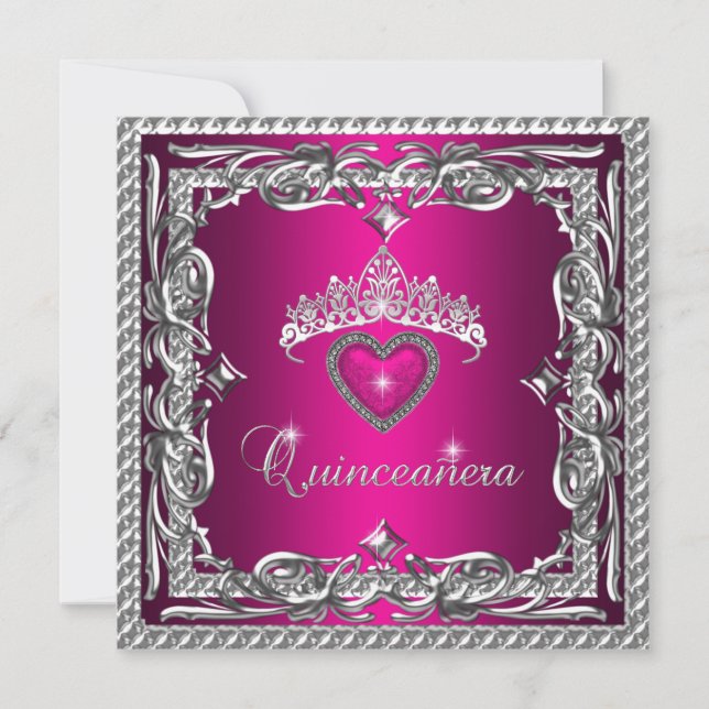 Glitzer Pink Silver Tiara Quinceanera 15. Einladung (Vorderseite)
