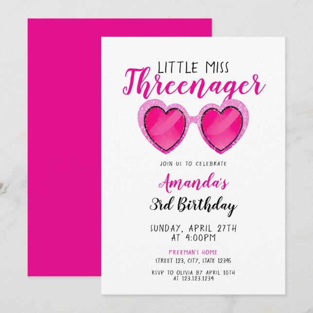 Glitzer Pink Sonnenbrille Drohner 3. Geburtstag Einladung (Vorne/Hinten)