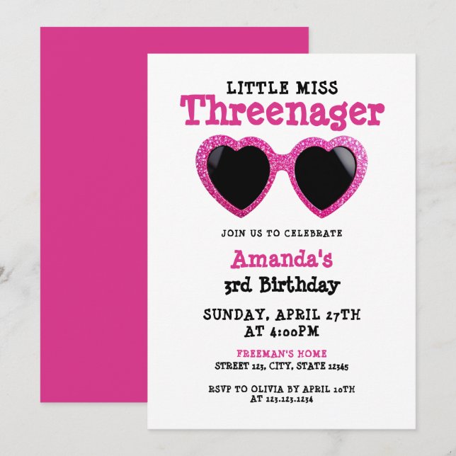Glitzer Pink Sonnenbrille Girly Threenager Geburts Einladung (Vorne/Hinten)