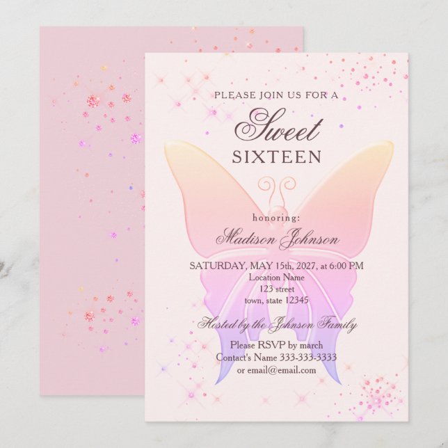 Glitzer Pink Sweet 16 Geburtstag Einladung (Vorne/Hinten)