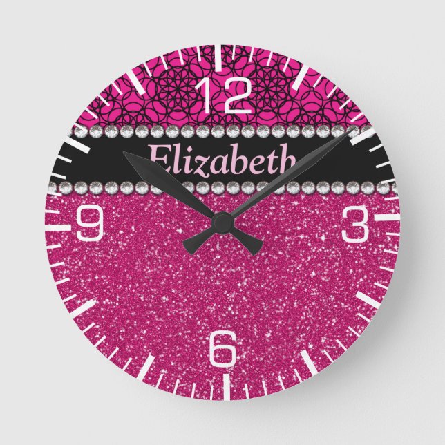 Glitzer Pink und Schwarz Muster Rhinestones Runde Wanduhr (Vorderseite)