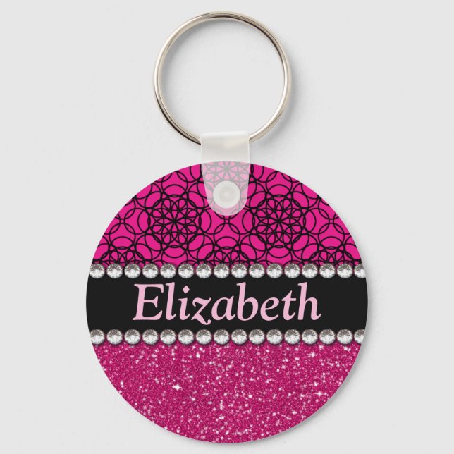 Glitzer Pink und Schwarz Muster Rhinestones Schlüsselanhänger (Vorderseite)