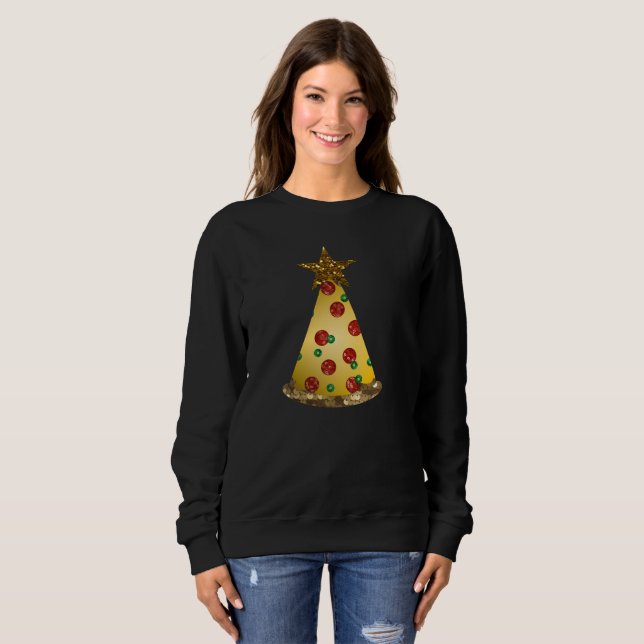 Glitzer Pizza Weihnachtsbaum Weibchen Sweatshirt (Vorne ganz)