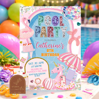 Glitzer-Poolparty-Mädchen-Geburtstag Einladung