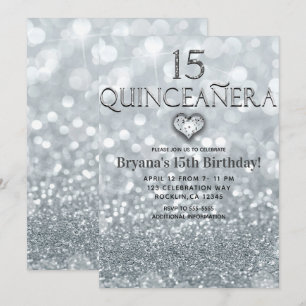 Glitzer Prinzessin Silver 15 Quinceañera Party Einladung