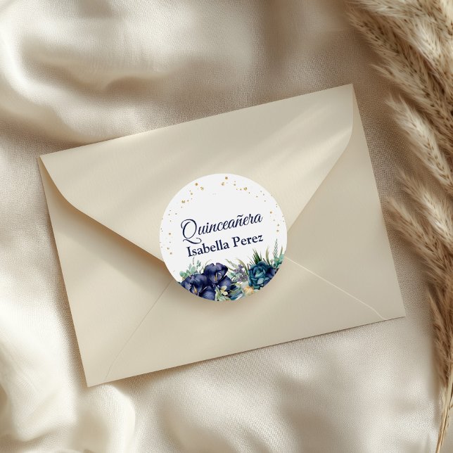 Glitzer Quinceanera, Blauer Navy und Gold Runder Aufkleber (Navy Blue Floral and Gold Glitter Quinceanera Classic Round Sticker on an elegant envelope)
