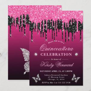 Glitzer Quinceanera (Hot Pink und Black Driving) Einladung