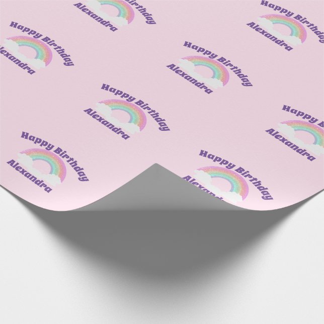 Glitzer Rainbow Custom Happy Geburtstag auf Rosa Geschenkpapier (Ecke)