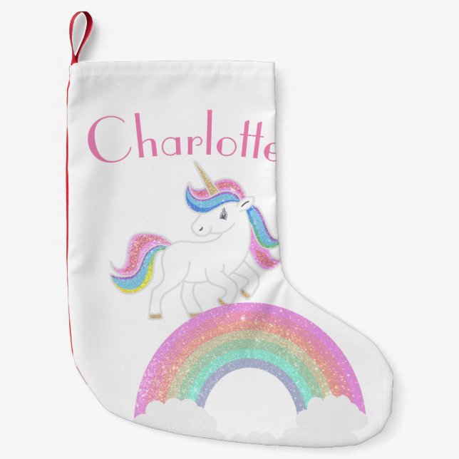 Glitzer Rainbow Einhorn mit Individuelle Name Kleiner Weihnachtsstrumpf (Vorderseite)
