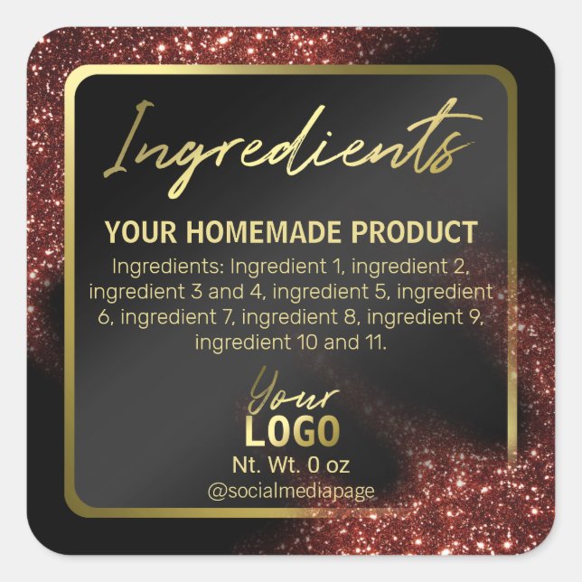 Glitzer Red Black Gold Ingredients Labels Quadratischer Aufkleber (Vorderseite)