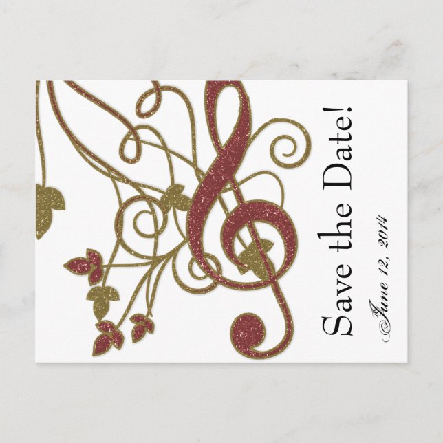 Glitzer Red Gold Music Save the Date Ankündigungspostkarte (Vorderseite)