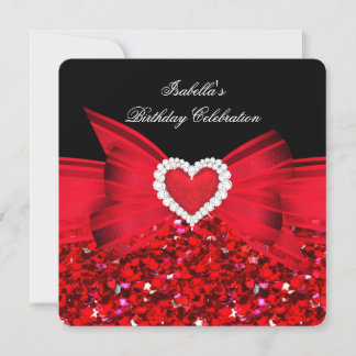 Glitzer Red Heart Bow Black Birthday Party Einladung